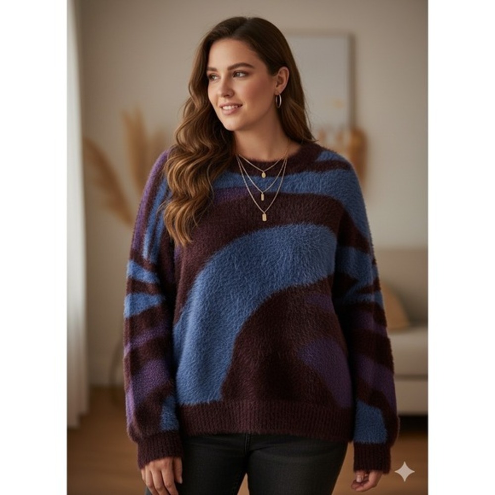 Louna Abstract Swirl Fuzzy Eyelash Knit Sweater Women XL Blue Purple SJSK134IMK